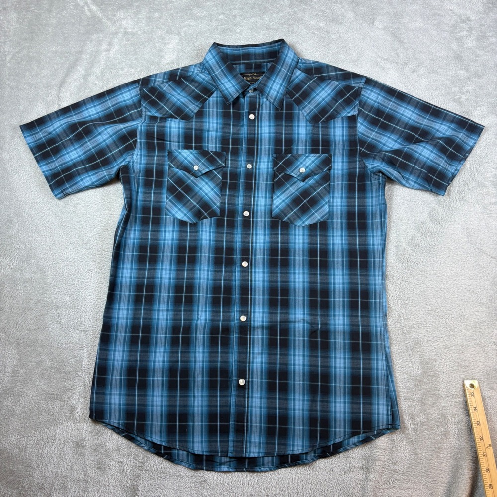 High Noon Shirts Men Medium Western Pearl‎ Snap Plaid Short Sleeve Blue Black